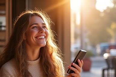 A happy expat person in a sunshine-filled cafe