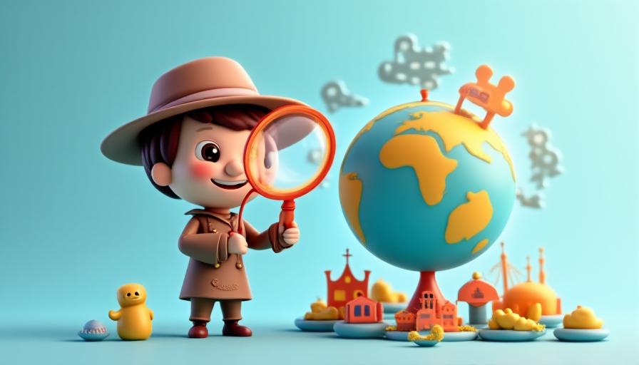Friendly investigator character with a magnifying glass over global bank icons