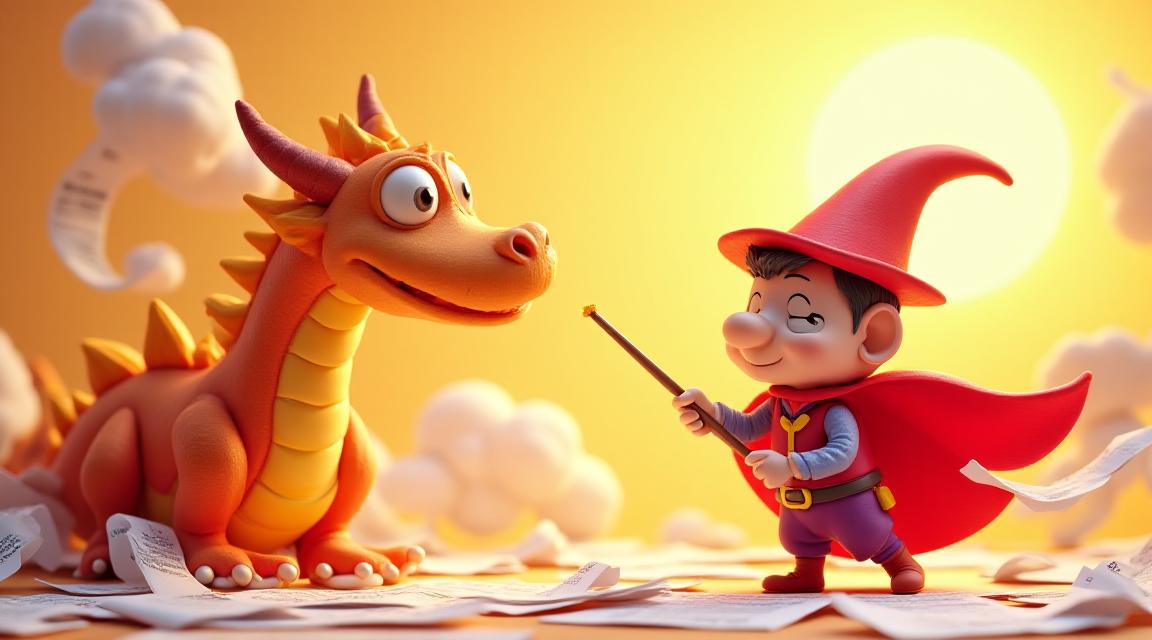 Fun illustration of a friendly wizard taming a paper dragon