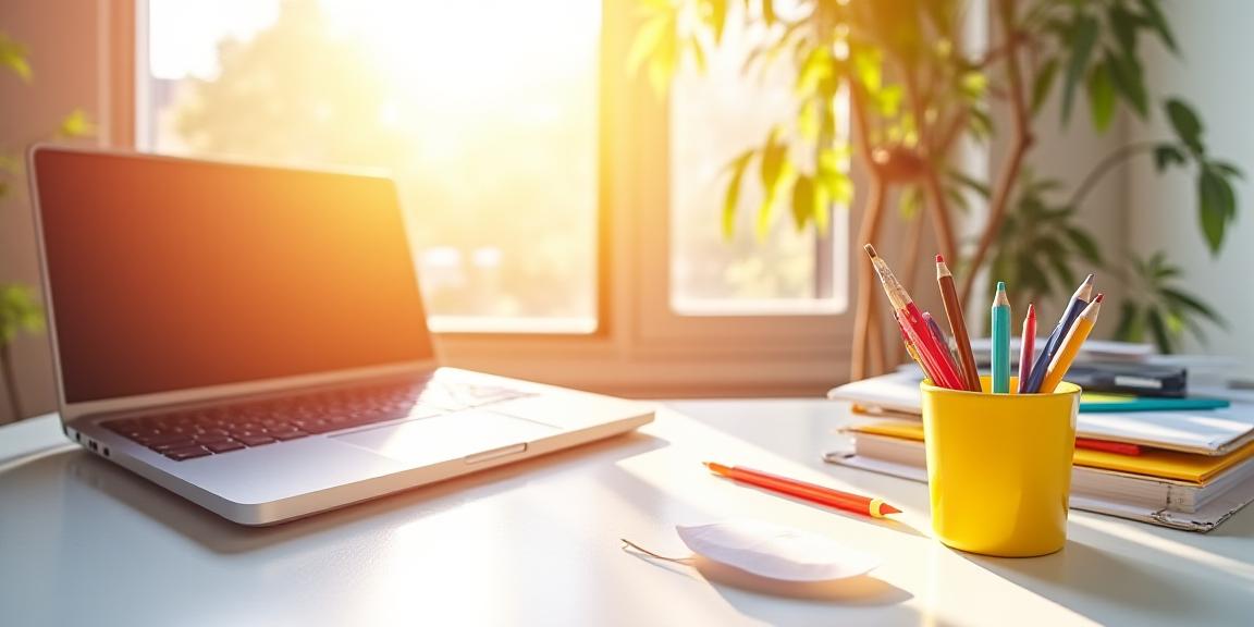 A vibrant workspace with colorful tax forms and digital gadgets